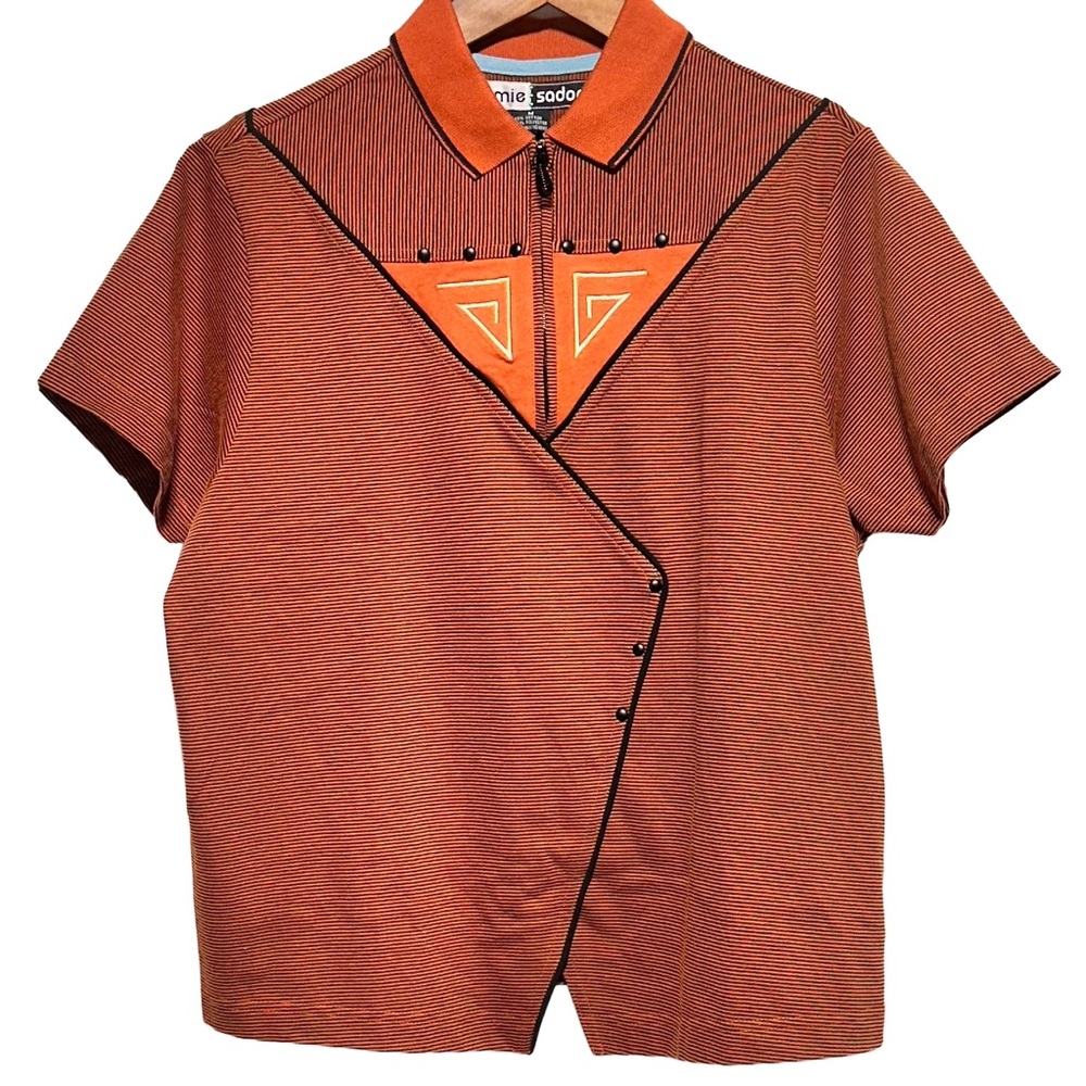 Y2K Jamie Sadock Moto Golf Zip Top Orange Black Micro Stripe Studded Artsy NWT